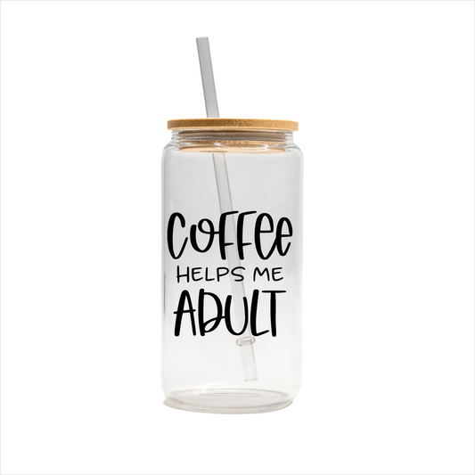 Coffee helps me adult 16oz glass can, uv printed, bamboo lid, plastic straw