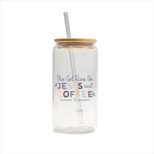 This girl runs on Jesus and coffee 16oz glass can, uv printed, bamboo lid, plastic straw