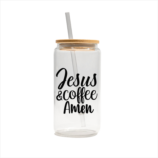 Jesus & coffee Amen 16oz glass can, uv printed, bamboo lid, plastic straw