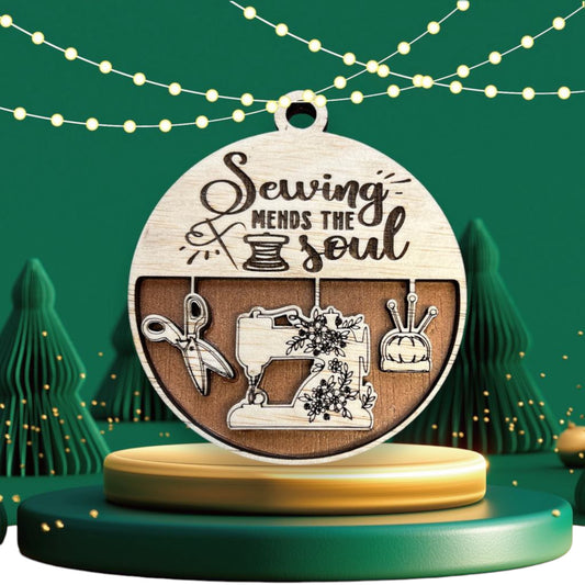 Sewing Mends the Soul layered ornament | sewing ornament | hobby themed ornament