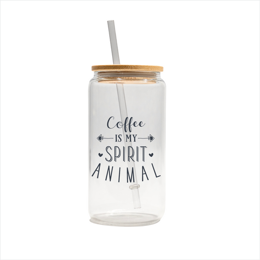 Coffee is my spirit animal 16 oz glass can, uv printed, bamboo lid, plastic straw