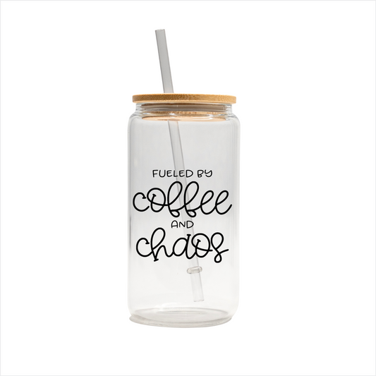 Fueled by coffee and chaos 16 oz glass can, uv printed, bamboo lid, plastic straw